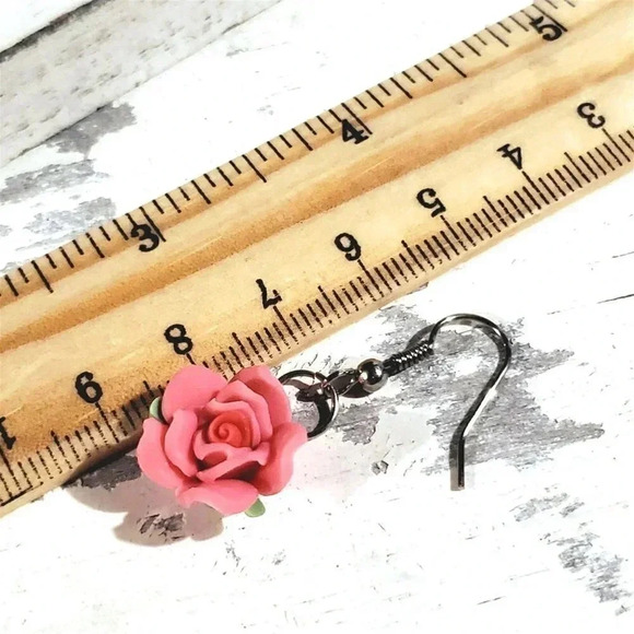 Pink Rose Flower Handcrafted Fimo Polymer Clay Bead Dangle Earrings - Picture 4 of 4